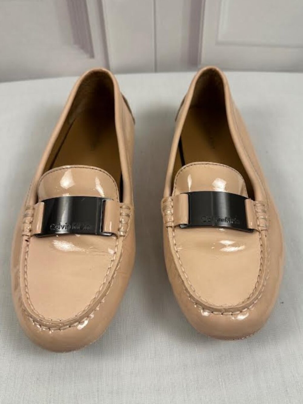 Calvin Klein Nude Patent Leather Loafers with Silver Hardware